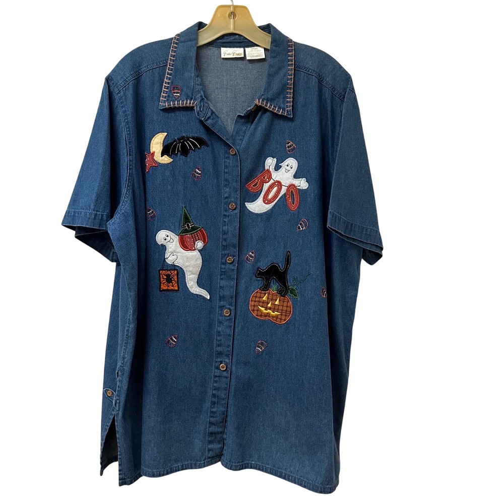 Bobbie Brooks Halloween Denim Shirt Women's 20W Pumpkin Cat Ghost Embroidered
